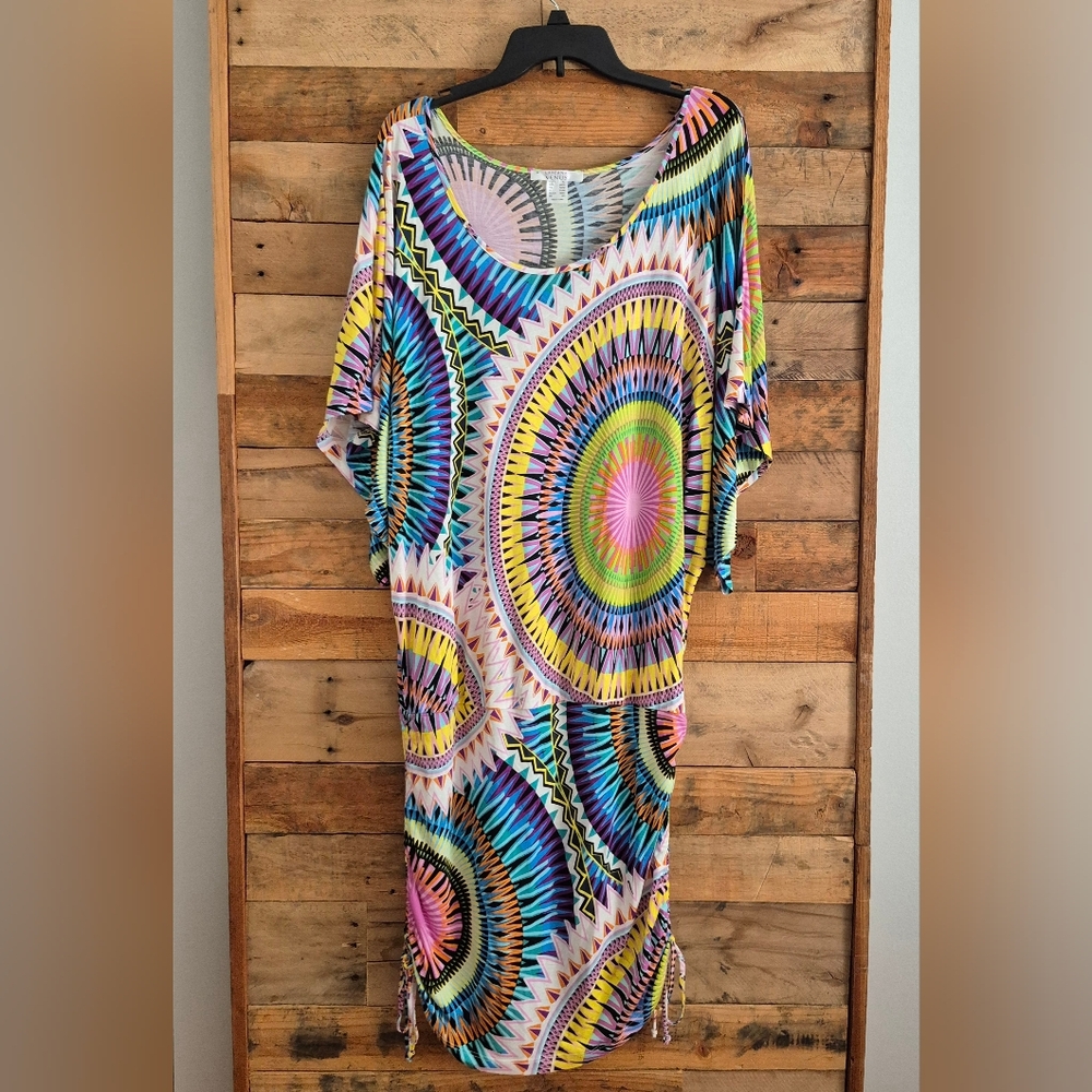 Lascana Venus Convertible Mini Dress XL Cover Up Drawstring Ruching Boho Tribal - Picture 3 of 15
